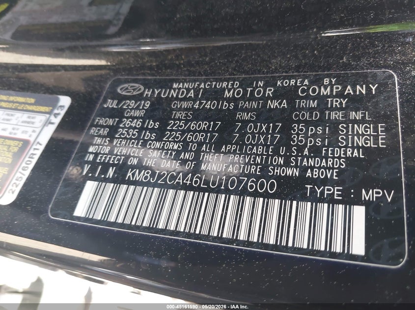 VIN KM8J2CA46LU107600 2020 HYUNDAI TUCSON SE