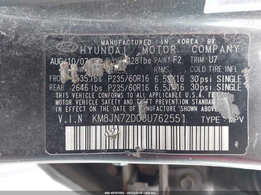 2008 Hyundai Tucson Limited V6/Se VIN: KM8JN72D08U762551 Lot: 45161592