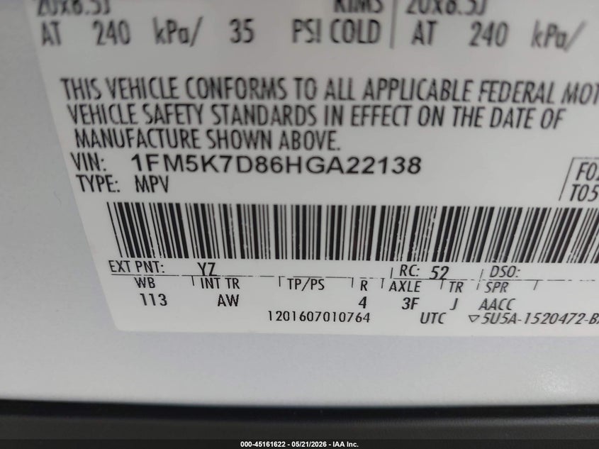 VIN 1FM5K7D86HGA22138 2017 FORD EXPLORER XLT