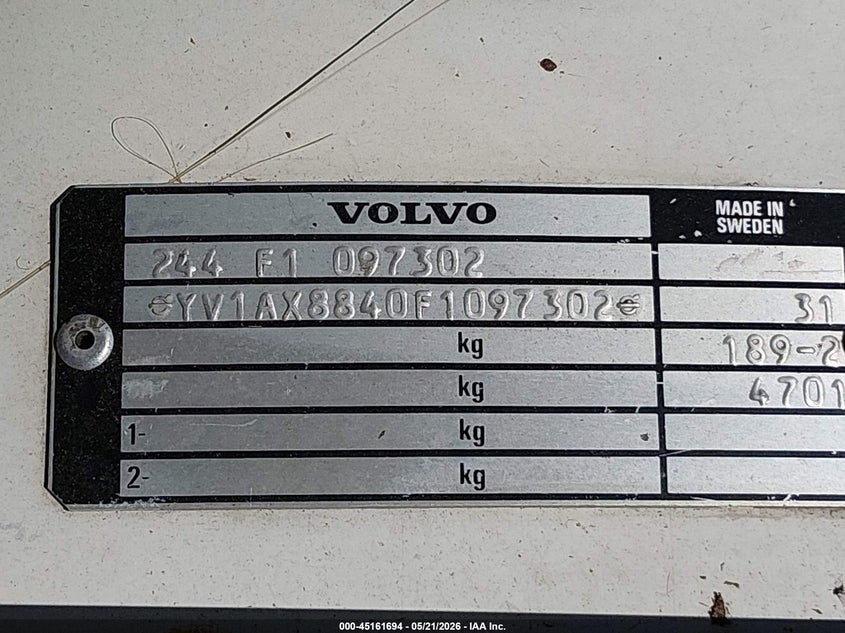 1985 Volvo 244 Dl/Gl VIN: YV1AX8840F1097302 Lot: 45161694