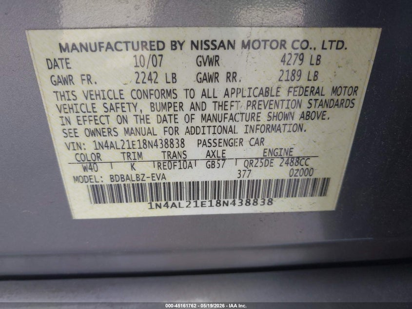 2008 Nissan Altima 2.5 S VIN: 1N4AL21E18N438838 Lot: 45161762