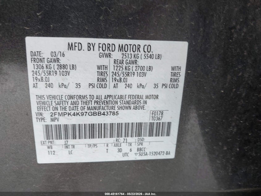 2016 FORD EDGE SPORT UTILITY VEHICLE 2.0L I-4 DI, DOHC, VVT, TURBO, 245HP