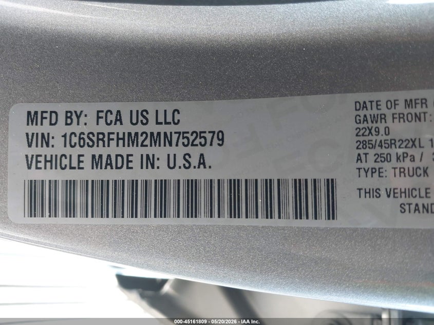 2021 RAM 1500 3.0L V-6 DI, DOHC, T(VIN: 1C6SRFHM2MN752579