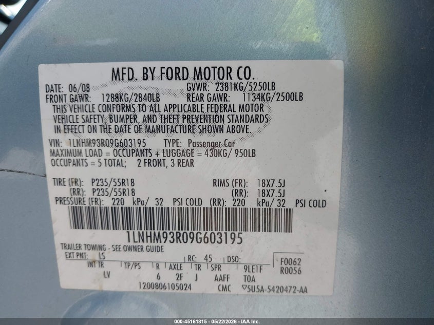 2009 Lincoln Mks VIN: 1LNHM93R09G603195 Lot: 45161815