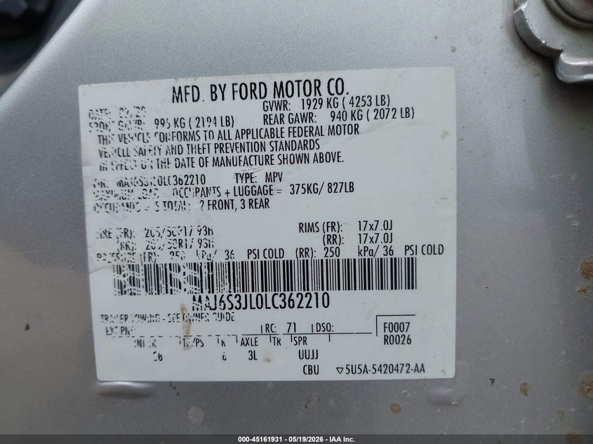 2020 Ford Ecosport Ses VIN: MAJ6S3JL0LC362210 Lot: 45161931