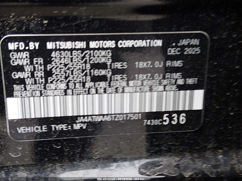 2026 Mitsubishi Eclipse Cross Black Edition S-Awc/Se S-Awc/Sel S-Awc VIN: JA4ATWAA6TZ017501 Lot: 45162007