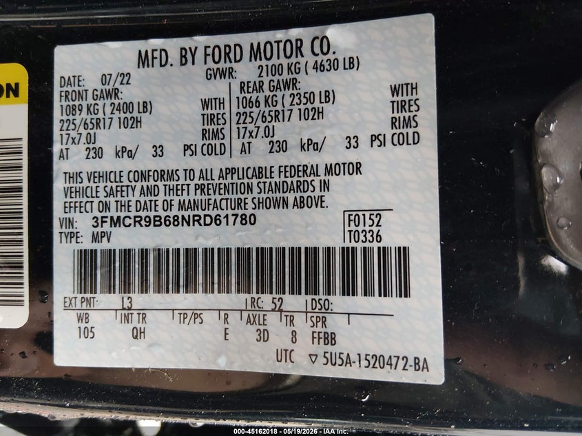 2022 Ford Bronco Sport Big Bend VIN: 3FMCR9B68NRD61780 Lot: 45162018