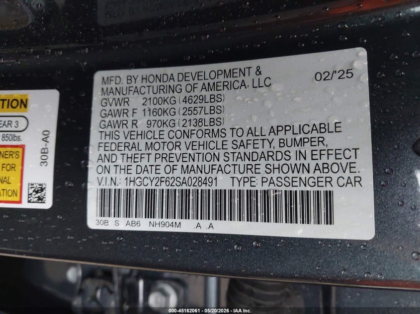 2025 HONDA ACCORD HYBRID 2.0L I-4 DI, DOHC, V(VIN: 1HGCY2F62SA028491