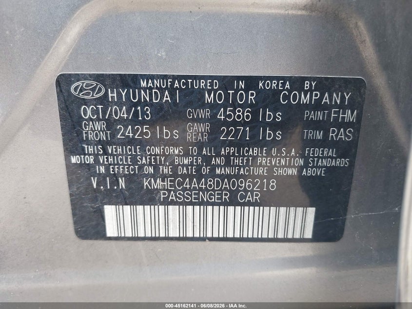 2013 Hyundai Sonata Hybrid Limited VIN: KMHEC4A48DA096218 Lot: 45162141