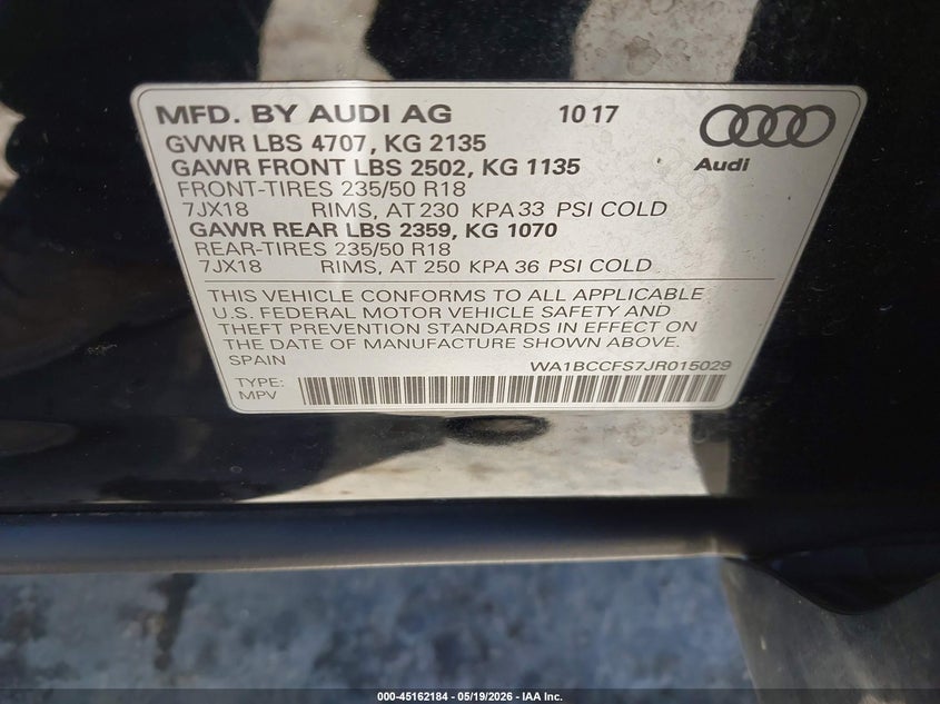 2018 Audi Q3 2.0T Premium/2.0T Sport Premium VIN: WA1BCCFS7JR015029 Lot: 45162184