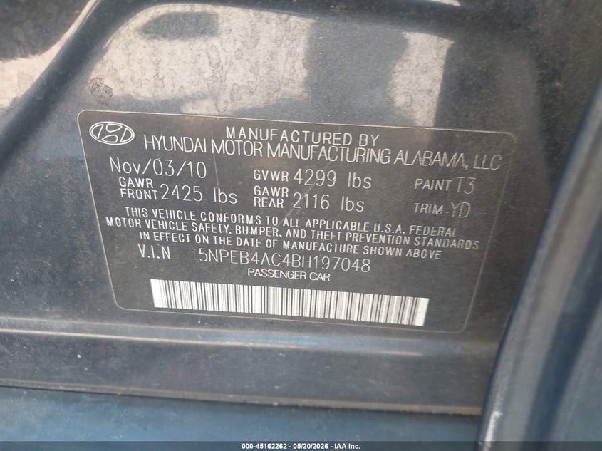 2011 HYUNDAI SONATA SEDAN 2.4L I-4 DI, DOHC, VVT, 198HP