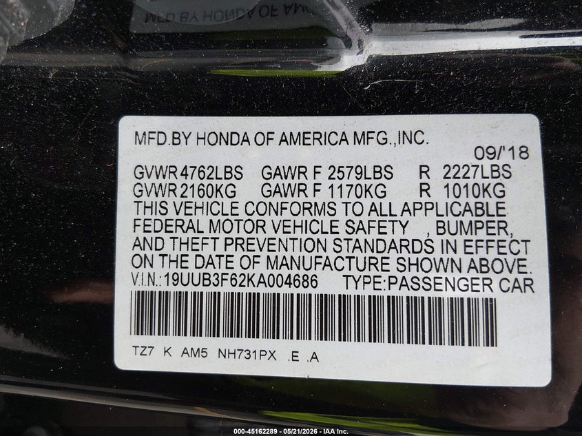2019 Acura Tlx Tech A-Spec Pkgs VIN: 19UUB3F62KA004686 Lot: 45162289