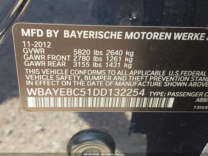 2013 BMW 750Li VIN: WBAYE8C51DD132254 Lot: 45162359