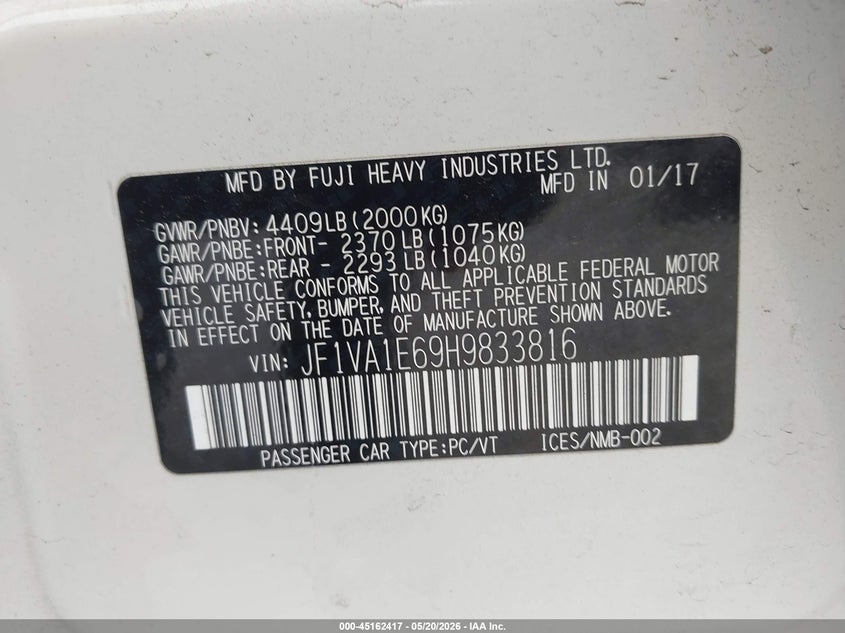 2017 Subaru Wrx Premium VIN: JF1VA1E69H9833816 Lot: 45162417