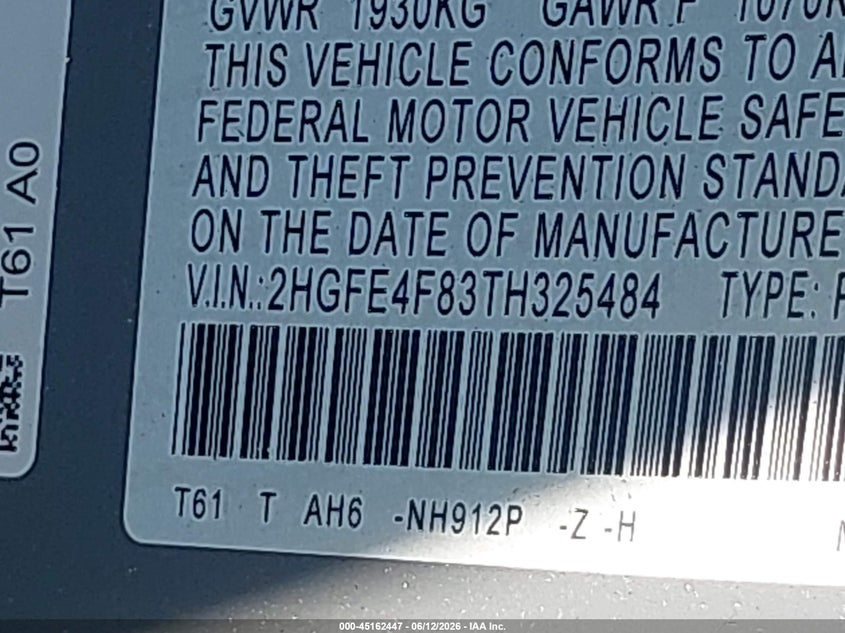 VIN 2HGFE4F83TH325484 2026 HONDA CIVIC HYBRID SPORT/SPORT TOURING