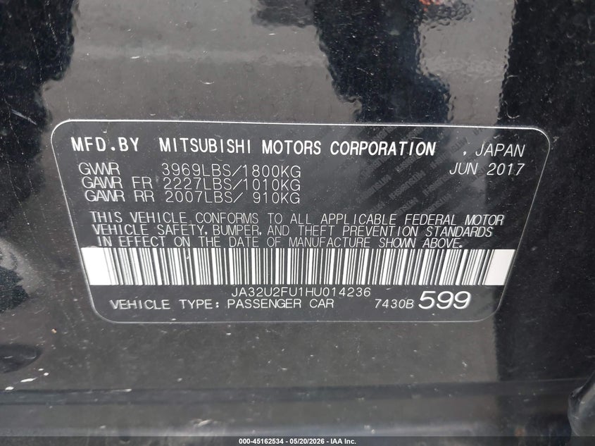 2017 Mitsubishi Lancer Le VIN: JA32U2FU1HU014236 Lot: 45162534