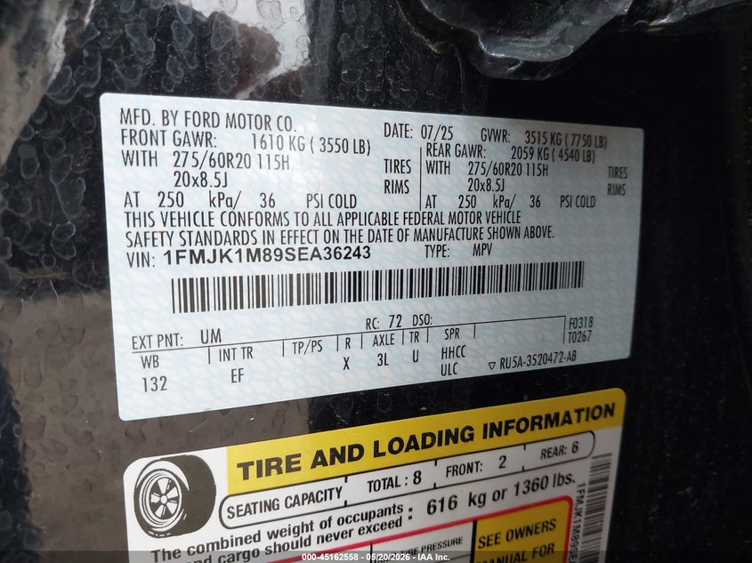 VIN 1FMJK1M89SEA36243 2025 FORD EXPEDITION PLATINUM MAX