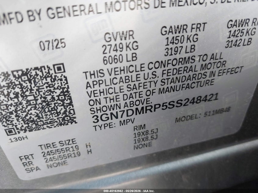 2025 CHEVROLET EQUINOX EV ELECTRIC(VIN: 3GN7DMRP5SS248421