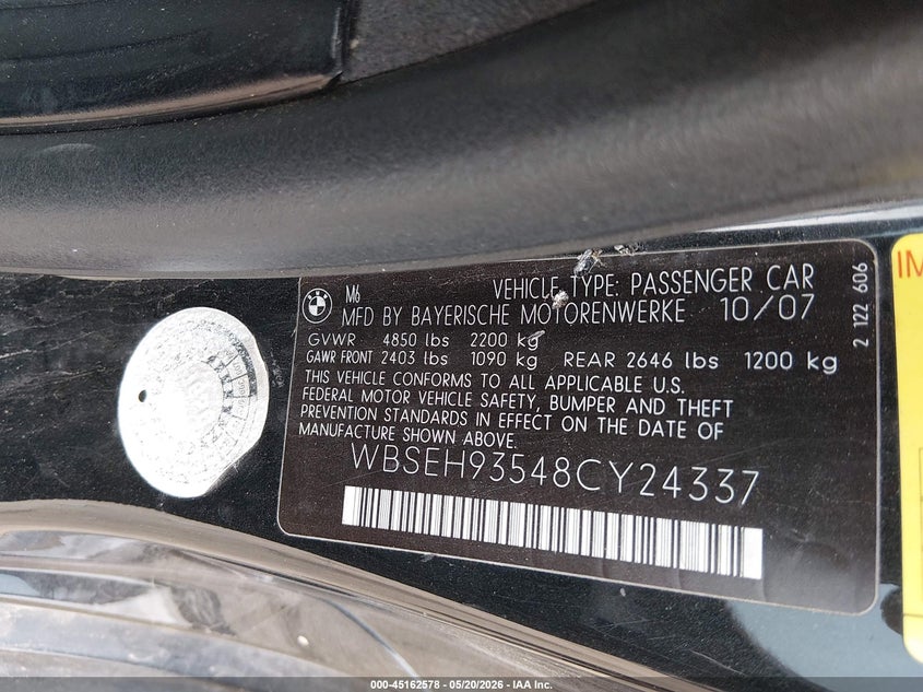 2008 BMW M6 VIN: WBSEH93548CY24337 Lot: 45162578
