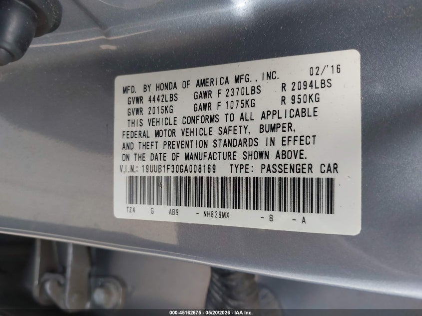 2016 Acura Tlx VIN: 19UUB1F30GA008169 Lot: 45162675