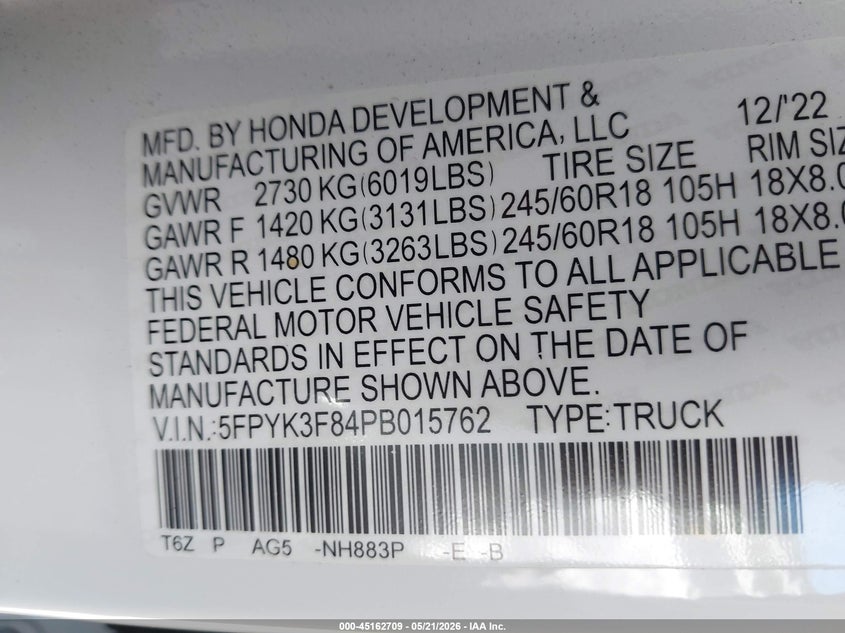 2023 Honda Ridgeline Black Edition VIN: 5FPYK3F84PB015762 Lot: 45162709