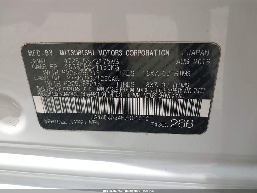 2017 Mitsubishi Outlander Se/Sel VIN: JA4AD3A34HZ001012 Lot: 45162769