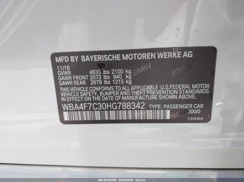 2017 BMW 430I Gran Coupe VIN: WBA4F7C30HG788342 Lot: 45162799