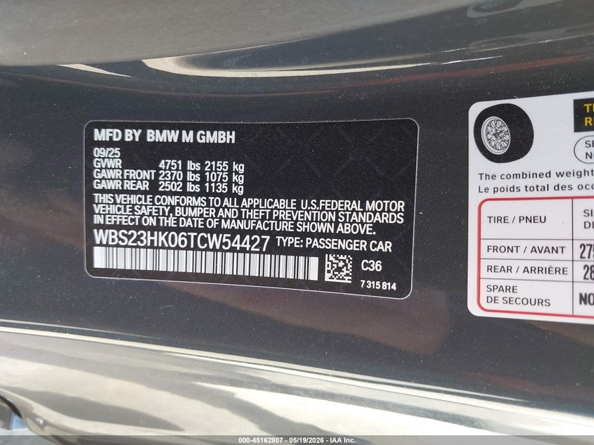 2026 BMW M4 Competition VIN: WBS23HK06TCW54427 Lot: 45162807