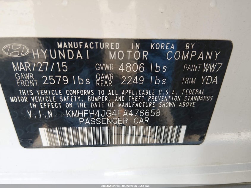 2015 Hyundai Azera Limited VIN: KMHFH4JG4FA476658 Lot: 45162813