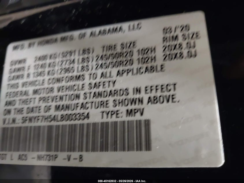 2020 Honda Passport 2Wd Ex-L VIN: 5FNYF7H54LB003354 Lot: 45162832