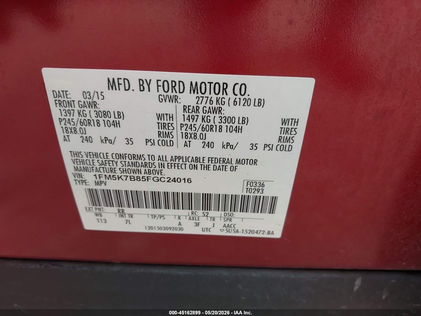 2015 Ford Explorer VIN: 1FM5K7B85FGC24016 Lot: 45162899