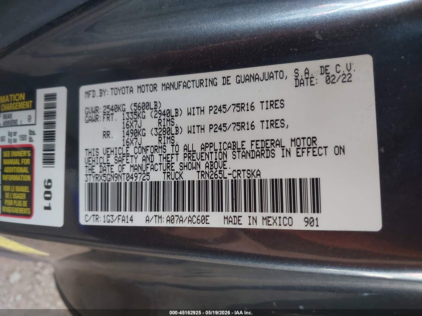 2022 Toyota Tacoma Sr VIN: 3TYRX5GN9NT049725 Lot: 45162925