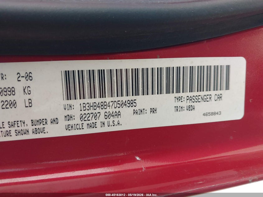 2007 Dodge Caliber Sxt VIN: 1B3HB48B47D504985 Lot: 45163012