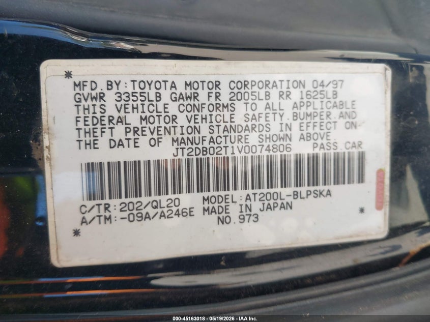 1997 Toyota Celica St Limited Edition Pkg. VIN: JT2DB02T1V0074806 Lot: 45163018