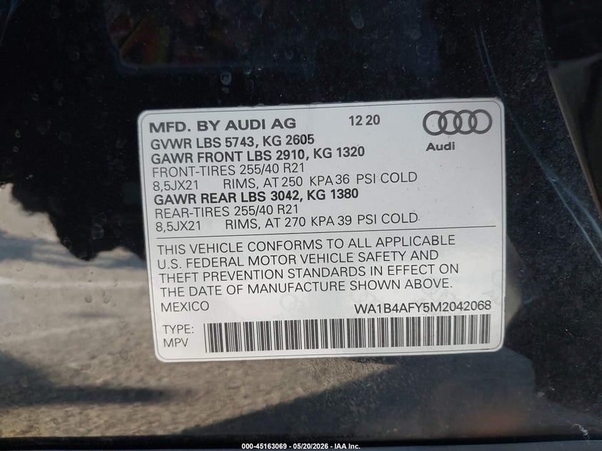2021 Audi Sq5 Premium Plus Tfsi Quattro Tiptronic VIN: WA1B4AFY5M2042068 Lot: 45163069