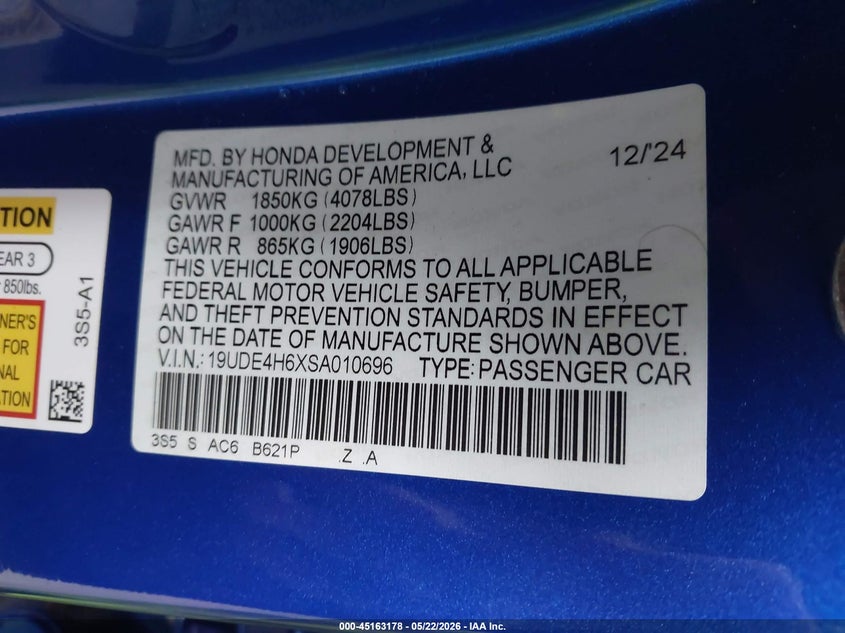 2025 Acura Integra A-Spec Technology VIN: 19UDE4H6XSA010696 Lot: 45163178