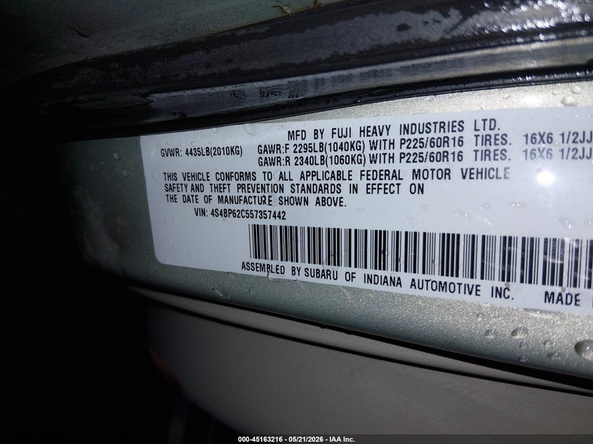 2005 Subaru Outback 2.5I Limited VIN: 4S4BP62C557357442 Lot: 45163216