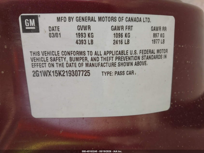 2001 Chevrolet Monte Carlo Ss VIN: 2G1WX15K219307725 Lot: 45163245