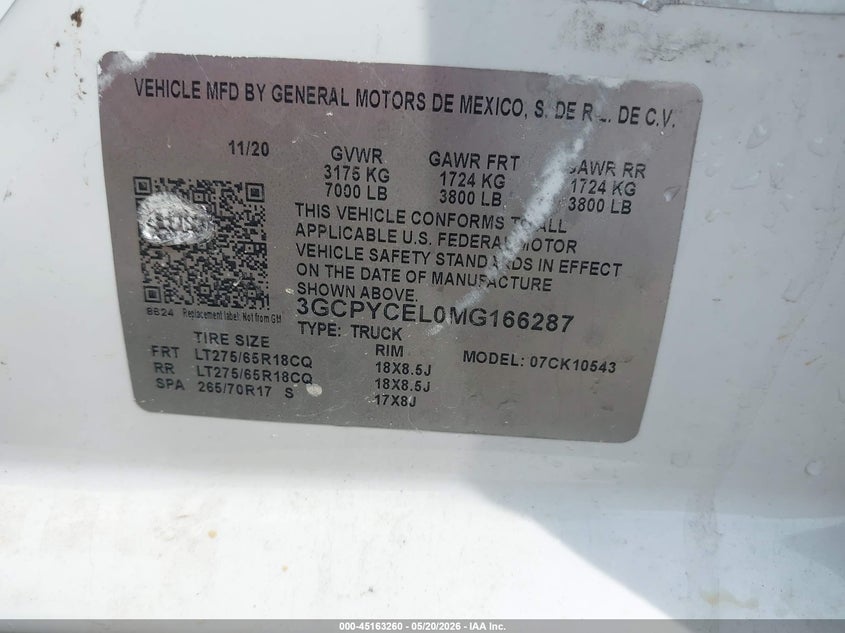 2021 CHEVROLET SILVERADO 1500 6.2L V-8 DI, VVT, 42(VIN: 3GCPYCEL0MG166287
