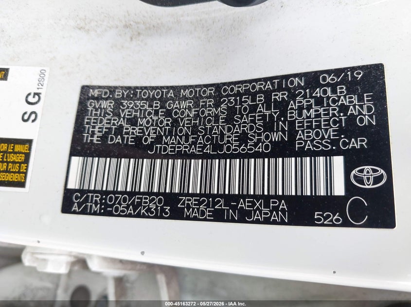 VIN JTDEPRAE4LJ056540 2020 TOYOTA COROLLA LE