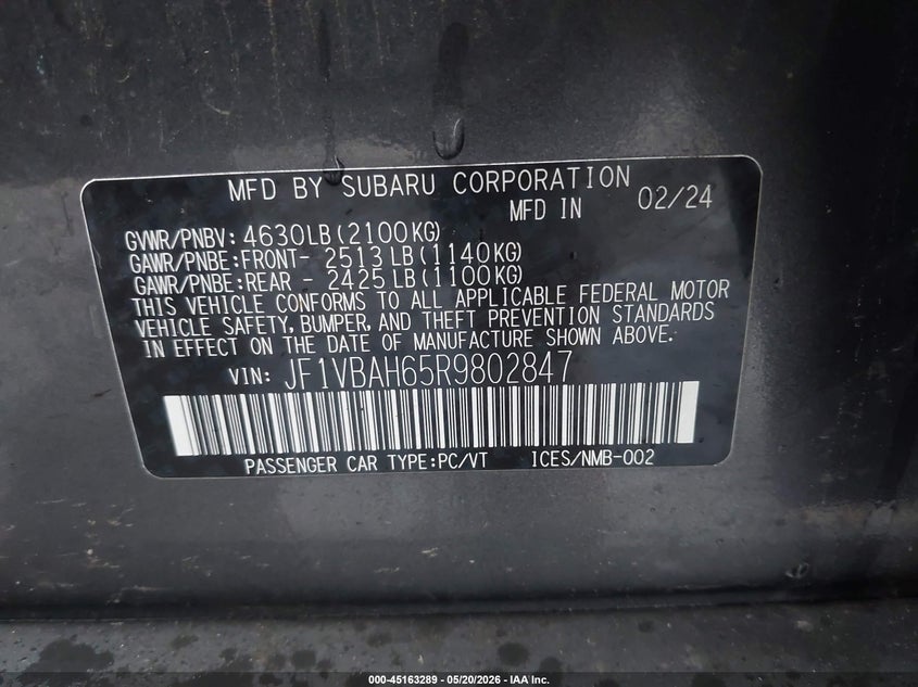 2024 Subaru Wrx Premium VIN: JF1VBAH65R9802847 Lot: 45163289