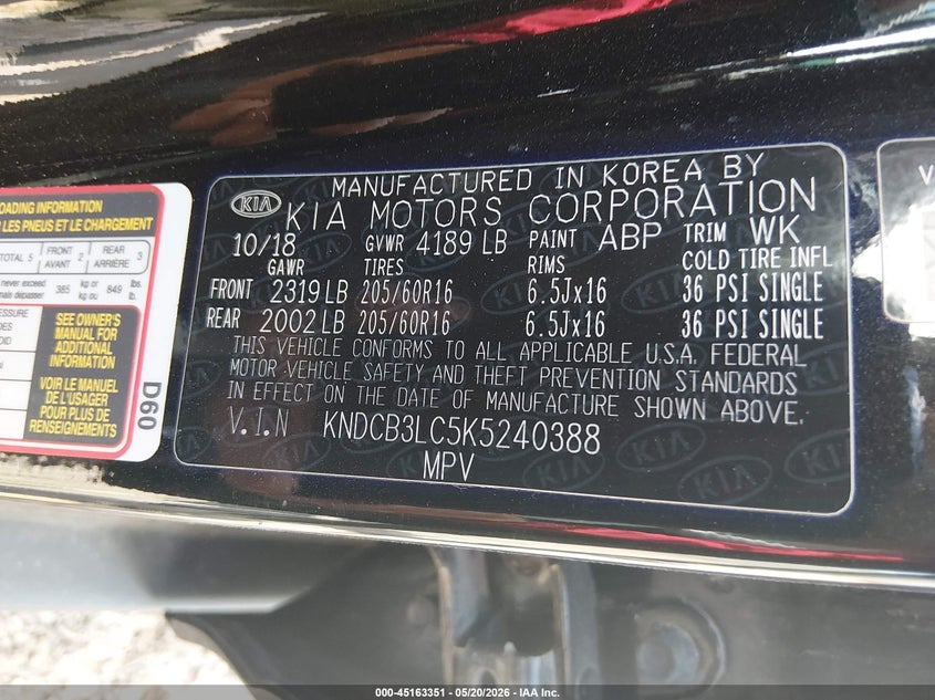 2019 Kia Niro Lx VIN: KNDCB3LC5K5240388 Lot: 45163351