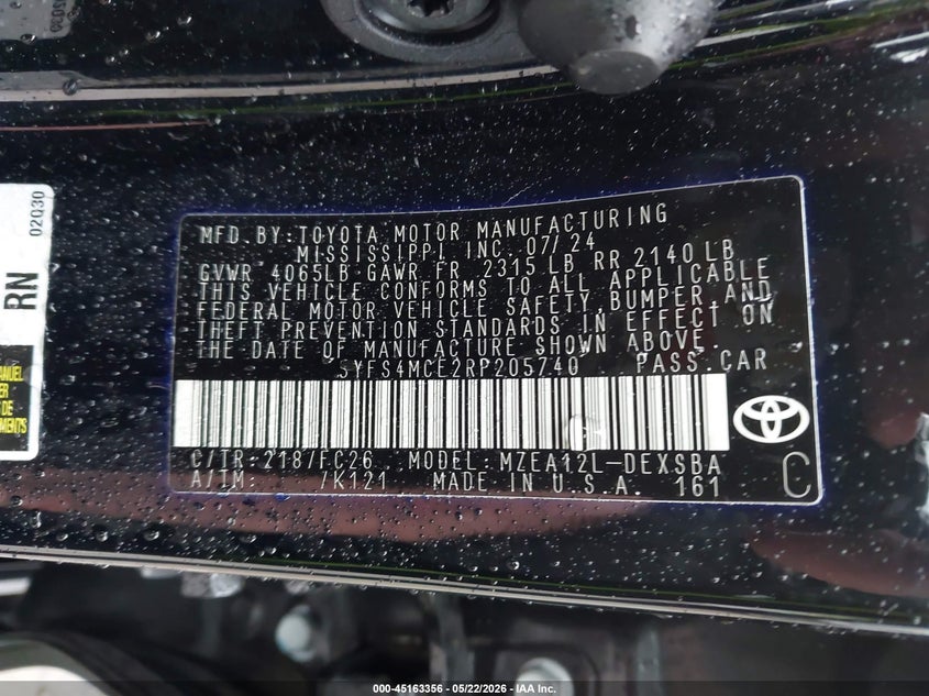 VIN 5YFS4MCE2RP205740 2024 TOYOTA COROLLA SE