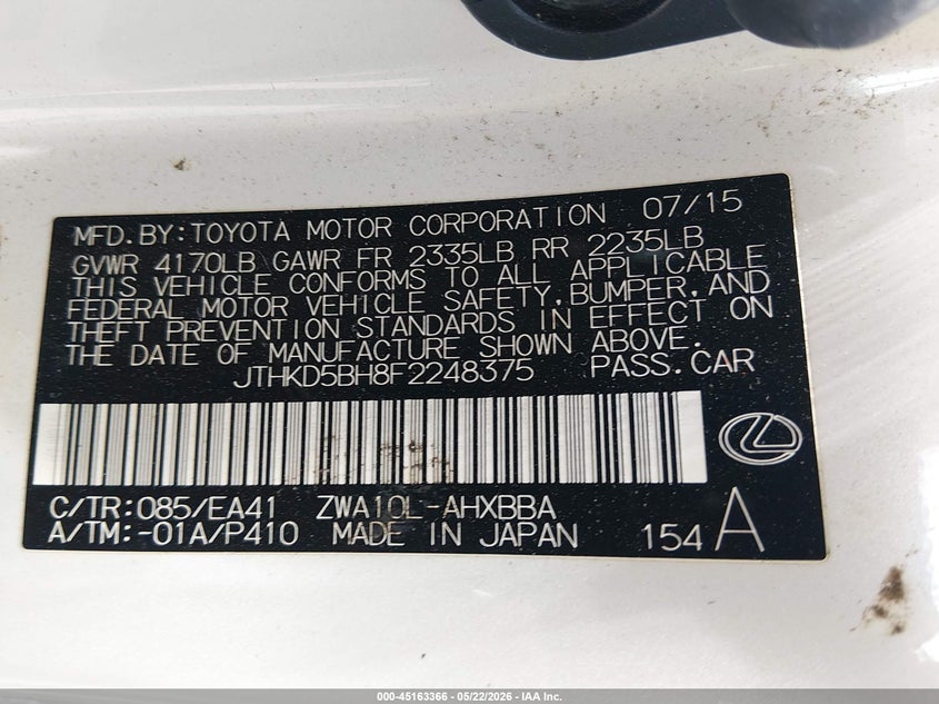 2015 Lexus Ct 200H VIN: JTHKD5BH8F2248375 Lot: 45163366