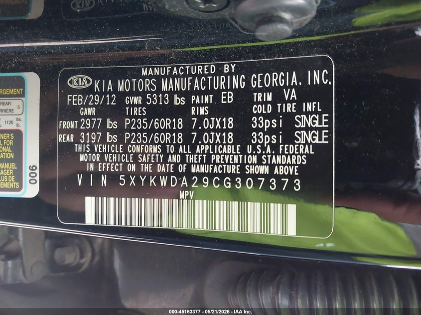 2012 KIA SORENTO SPORT UTILITY VEHICLE 3.5L V-6 DOHC, VVT, 276HP