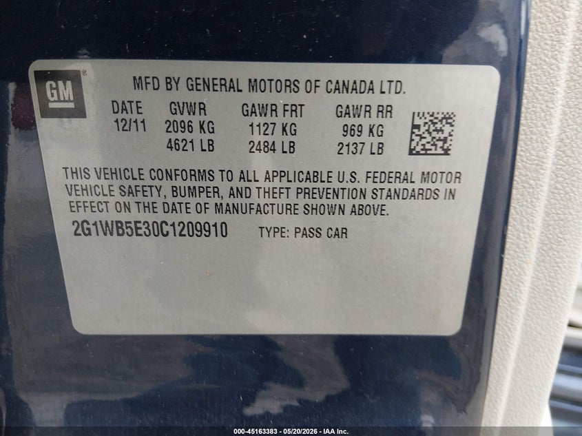 2012 Chevrolet Impala 3.6 Lt Blue Lot 111045163383 Vin 2G1WB5E30C1209910