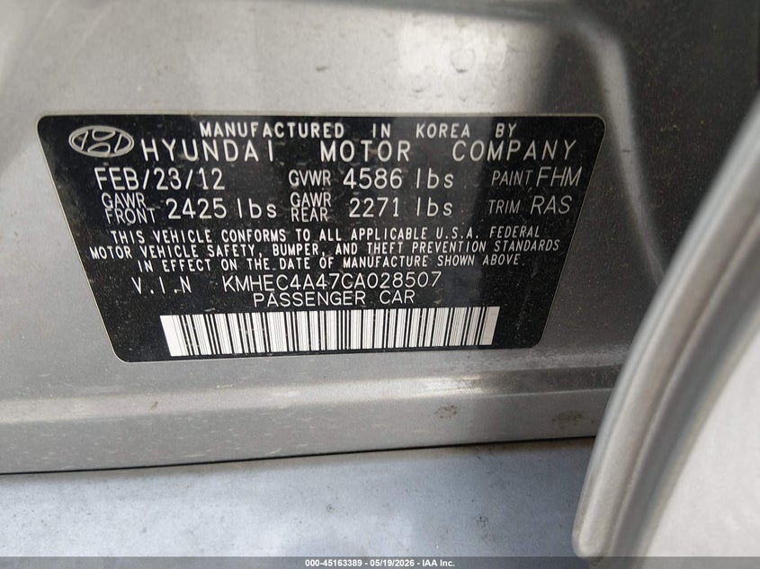 2012 Hyundai Sonata 2.4 Hybrid silver Lot 111045163389 Vin KMHEC4A47CA028507