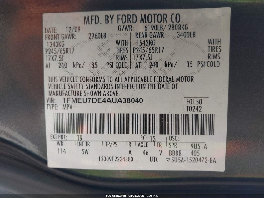 1FMEU7DE4AUA38040 2010 Ford Explorer 4.0 Xlt blue
