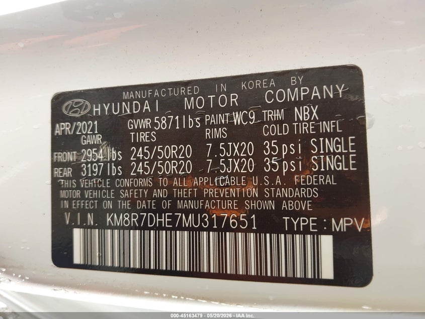 2021 Hyundai Palisade Calligraphy VIN: KM8R7DHE7MU317651 Lot: 45163479
