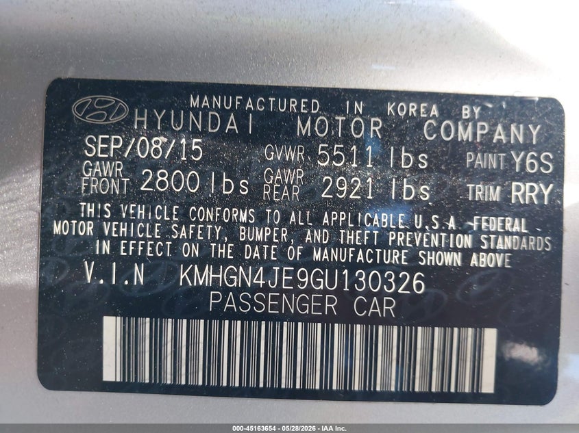 2016 Hyundai Genesis 3.8 VIN: KMHGN4JE9GU130326 Lot: 45163654